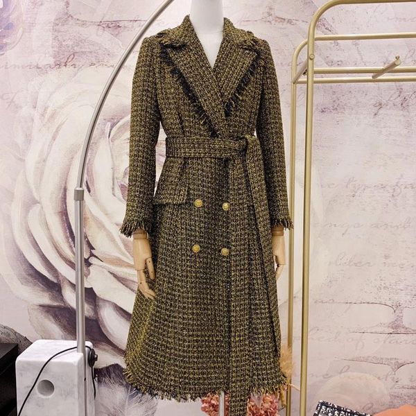 

women's wool & blends gold small fragrance tweed long coat women autumn winter fashion double breasted overcoat plus size, Black