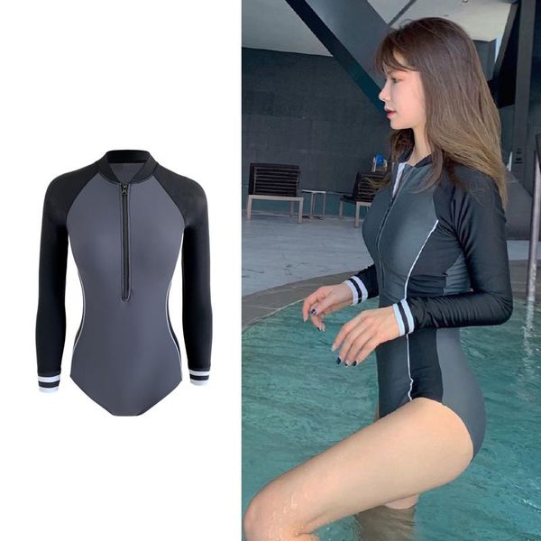 

one-piece suits 2021 women sport swimsuit long sleeves vintage beach wear patchwork padded summer surfing suit m-2xl professional
