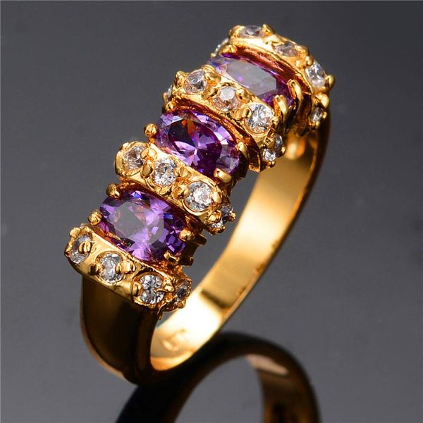 

wedding rings luxury female purple crystal zircon ring fashion gold color unique style promise engagement for women, Slivery;golden