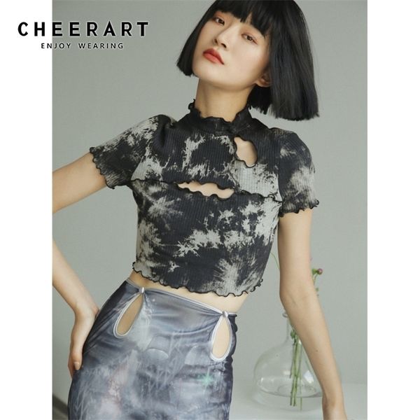 Cheerart Tie Dye Vintage Crop Top Frauen aushöhlen T-Shirt schwarz Kurzarm enge gerippte Top Sommer T-Shirt Damen Top Designer 210324