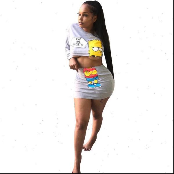 

women tracksuits cartoon spliced sweet lady 2 piece set full sleeve crop and bodycon skirt two pieces suit, Gray