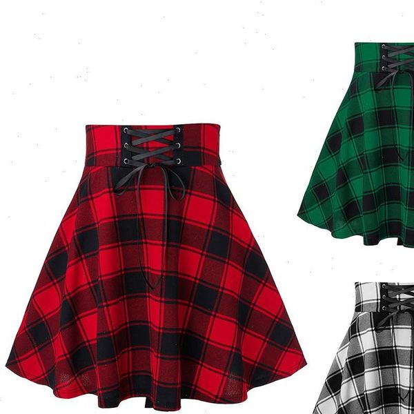 

high waist gothic punk womens skirts harajuku spring casual red plaid pleated ployester cotton female lace up goth skater, Black