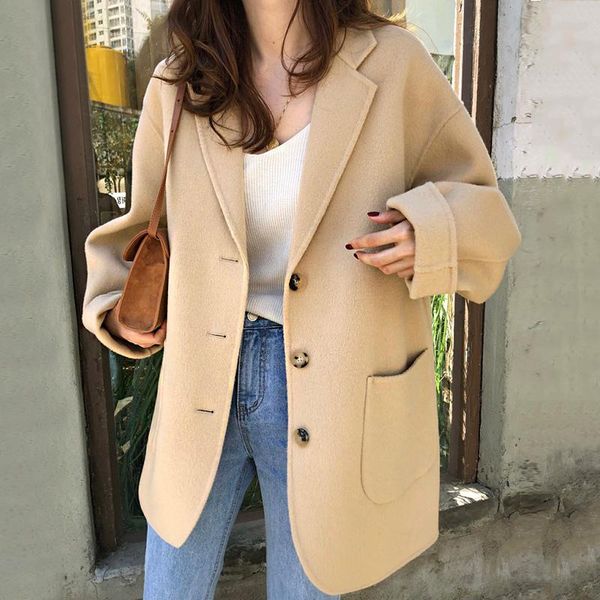 

women's wool & blends [ewq] korean temperament lapel three button large pocket loose versatile long sleeve medium woolen coat women 202, Black