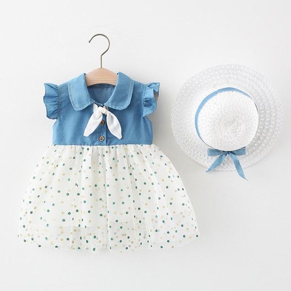 

2pc/sets baby girl dress summer for kids girls sleeveless bow dot print princess dress+hat set outfit bohemia clothes girl's dresses, Red;yellow