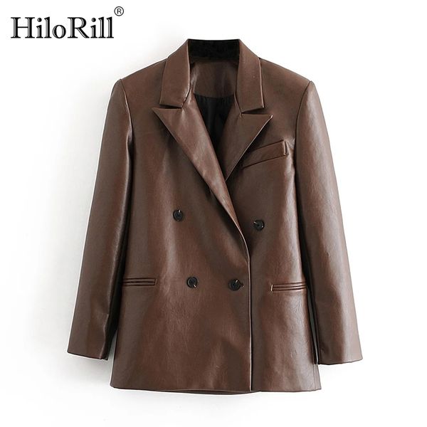 

solid color fashion pu faux leather blazer women vintage long sleeve office blazers double breasted outwear jacket coat 210508, White;black