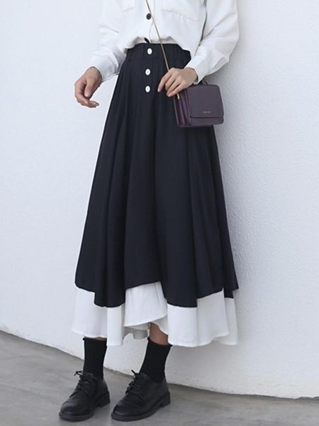 

women skirt high waist slim ruffles black white patchwork falads skirts