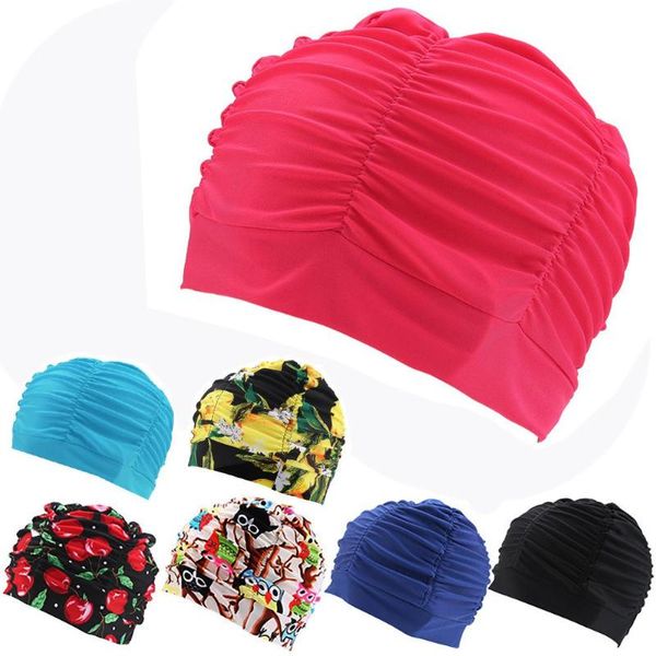 

swimming cap fashionable pleated floral printing large size comfortable equipment for women with long hair caps