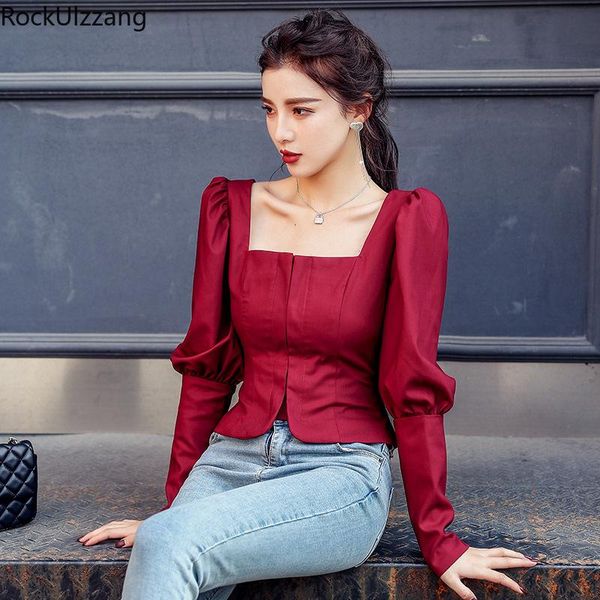 

button puff long sleeve vintage square slim elegant bodycon crop women korean ladies blouse short shirt spring women's blouses & sh, White
