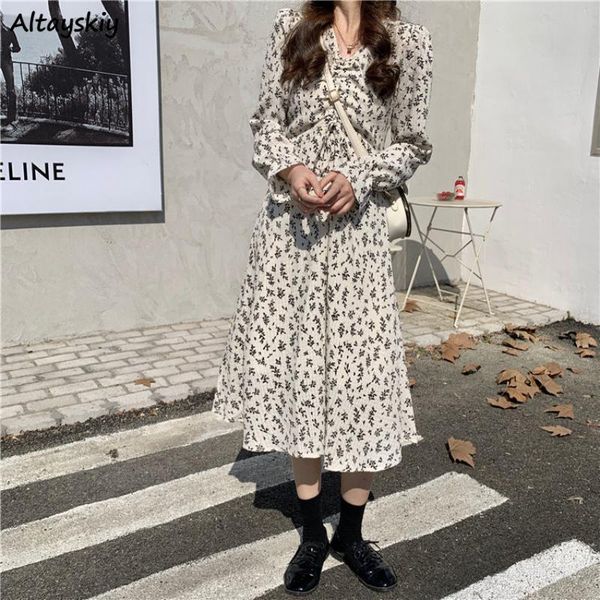 

casual dresses women v-neck floral midi dress mujer elegant long sleeve chiffon spring classy shirring streetwear ulzzang, Black;gray