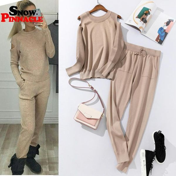 

fashion women sweater customes sets spring autumn 100% cotton thick soft long pant knitted casual 2pcs track suits 210524, White