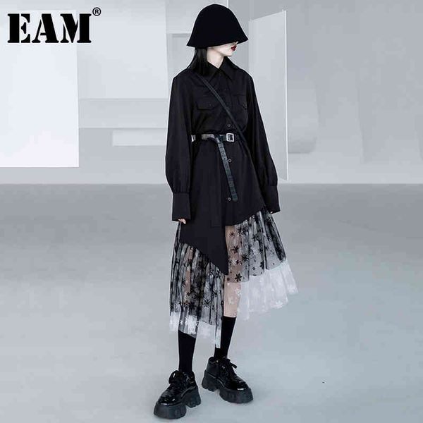 [Eam] Mulheres Black Flocoke Malha Assimétrica Vestido Lapela Manga Longa Loose Fit Moda Primavera Outono 1d5955 210512