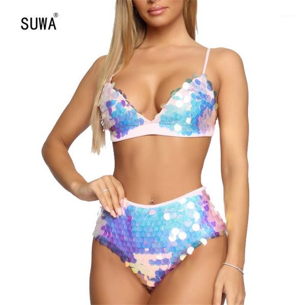 

blink sequined 2 piece set summer beach casual women spaghetti strap sleeveless short bra + panties swimsuit women's tracksuits, Gray