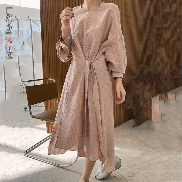 

women big size lattice bandage dress round neck long sleeve loose fit fashion tide spring autumn 2e1503 210507, Black;gray