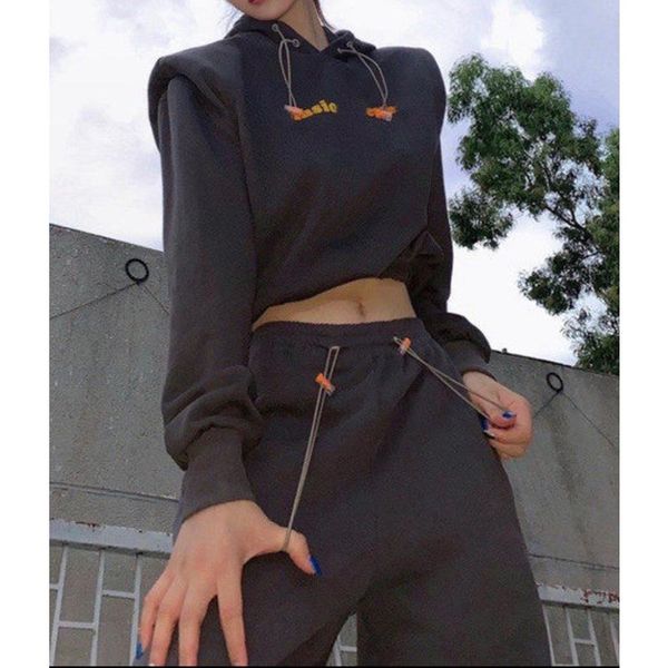 

fashion 11.25 autumn winter hooded letter print shoulder pad short hoodie sweatshirt or sweatpants heram pants set women women's two pi, White
