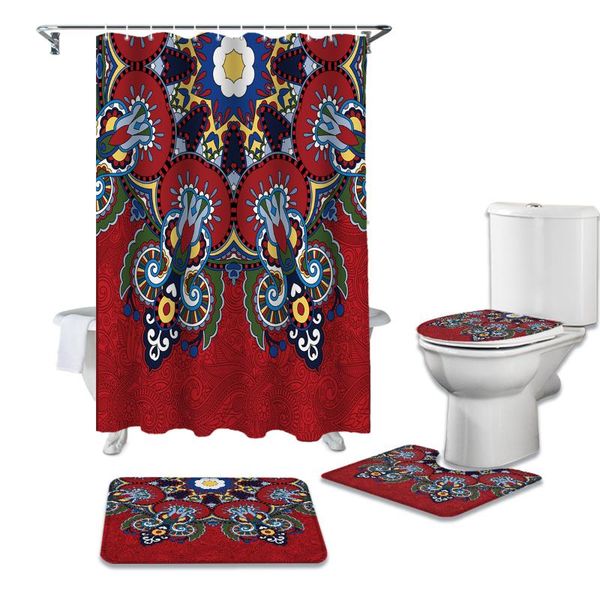 

shower curtains red oriental ethnic flowers retro waterproof bathroom curtain toilet cover mat rug set for bathtub decor
