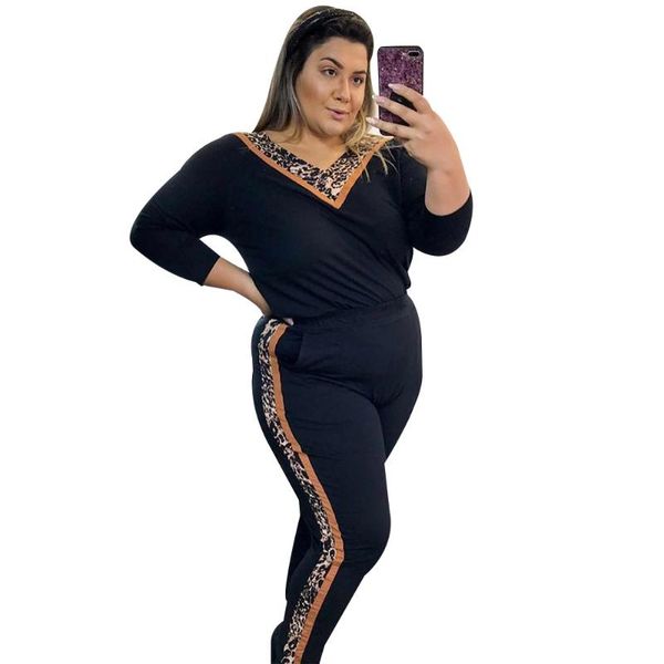 

plus size tracksuits 2021 women casual two-pieces suit sets female stylish pullover pant 4xl 5xl joggers, Black