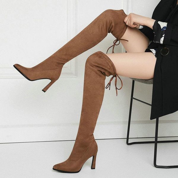 

boots stretch thigh high women pointed toe block heel over the knee 2021 winter faux suede long black red gray