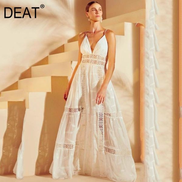 

casual dresses [deat] deep v high waist lace patchwork sleeveless hollow out embroidery white suspender long dress women 2021 summer, Black;gray