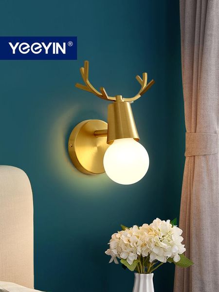 

wall lamps led full brass adjustable bedside lighting antlers design for bedroom switch 220v lamp eu