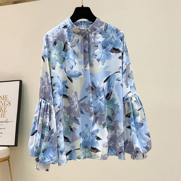 

women's blouses & shirts elegant office lady flower print puff sleeve women folds loose half high collar long back zipper up, White