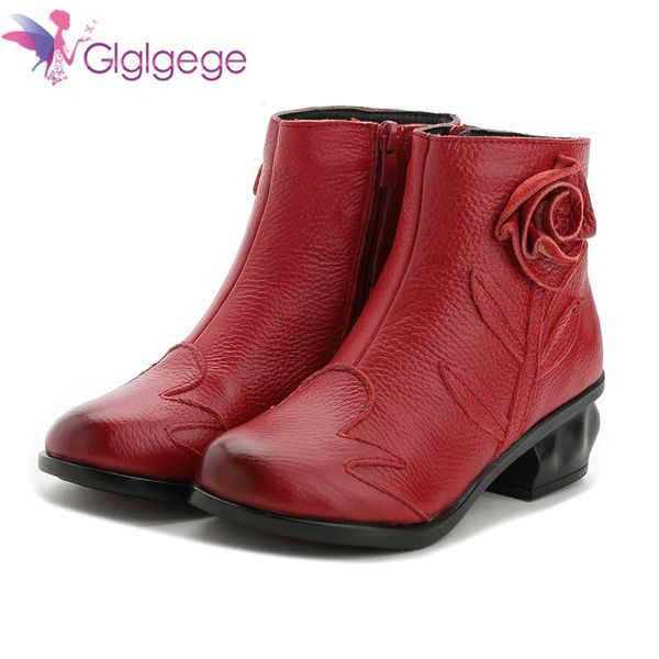 

boots glglgege british style genuine cow leather women ankle winter fashion pleated zipper short flats shoes, Black