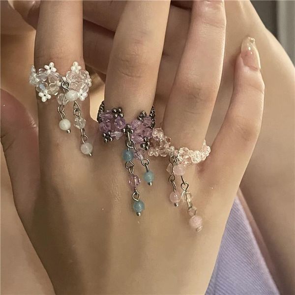 

cluster rings korean vintage bowknot crystal beaded tassel pendant ring for women colorful transparent fashion 2021 y2k 90s gifts, Golden;silver