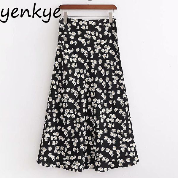 

skirts vintage daisy print boho skirt women a-line high waist casual holiday summer faldas mujer midi saia xdwm2885, Black