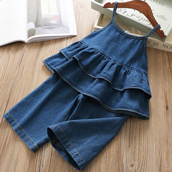 

toddler kids clothes girls baby summer denim strap ruffles solid jeans casual outfits clothing set sets, White