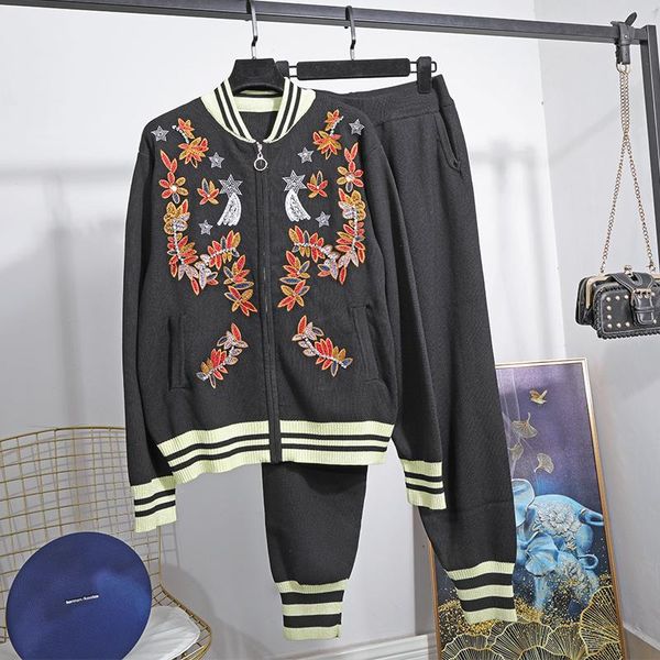 

women's tracksuits autumn women embroidery sequins knitted cardigan coat casual pants two piece set korean fashion clothing h59, Gray