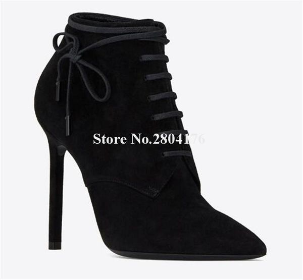 

boots fashion design women pointed toe black suede leather thin heel short lace-up high ankle party dress shoes