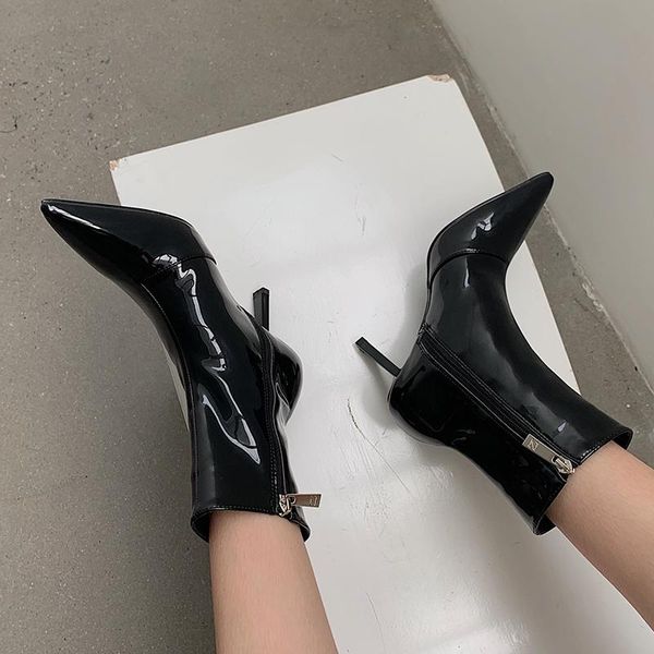 

boots patent ankle women thin heel shoes pointed toe plain bootee female chic short booties ladies winter footwear 2022, Black