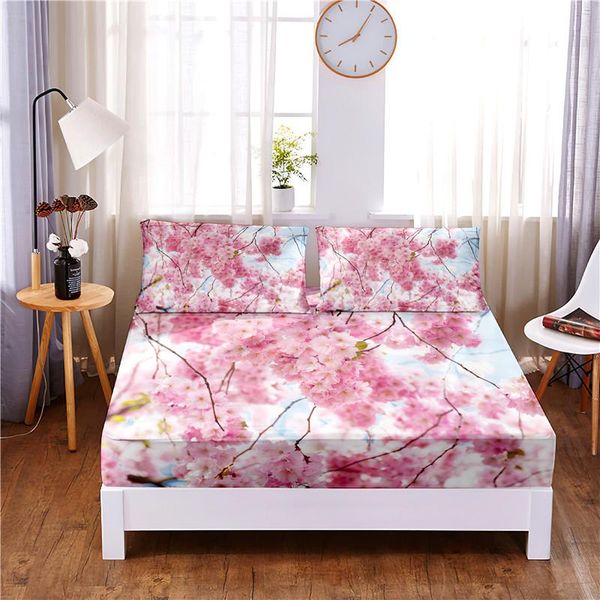 

sheets & sets romantic flower digital printed 3pc polyester fitted sheet mattress cover four corners with elastic band bed cases