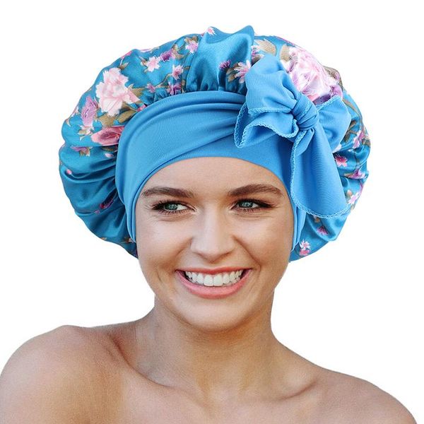 

beanie/skull caps flower print satin bonnet elastic band with binding method hat for women soft headcover night sleep hair care cap, Blue;gray