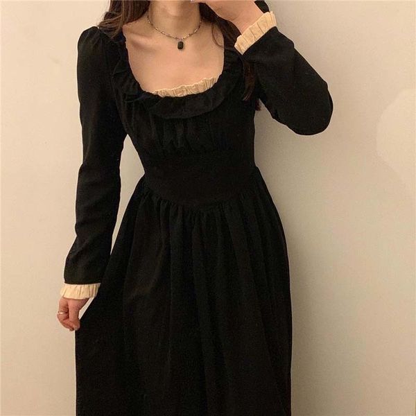 

2021 spring female piece soft solids like ladies long neck plied dress waist thin dresses, Black;gray