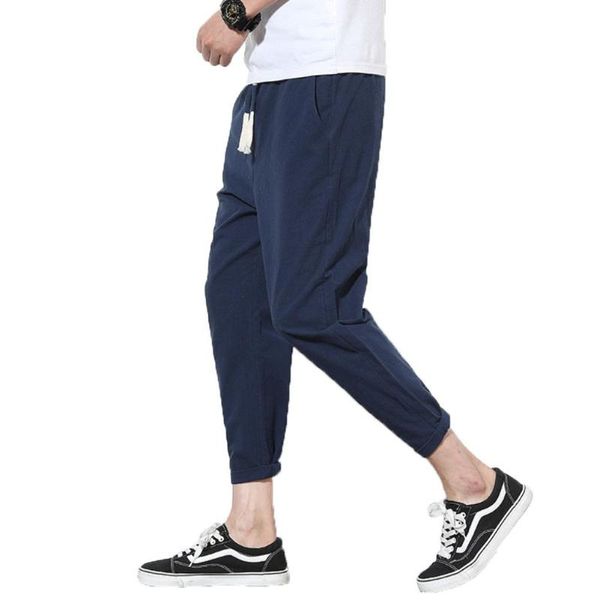 

men casual solid color waist drawstring long trousers loose cotton harem pants men's, Black