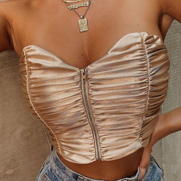 

women's tanks & camis women club party ruched bustier cropped summer fashion clothes strapless tube backless zipper up draped crop, White