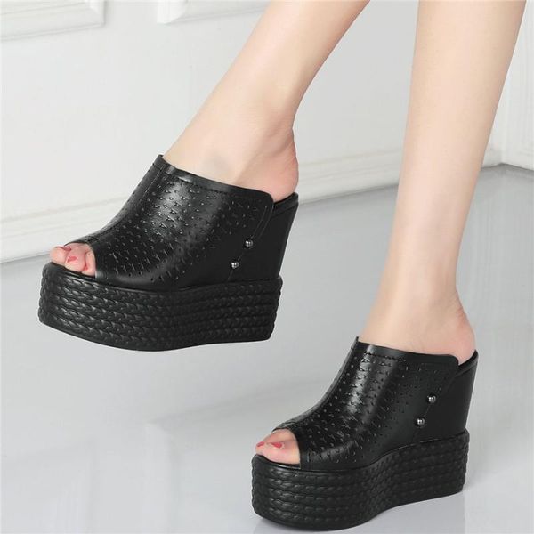 

fashion sneakers women genuine leather wedges high heel gladiator sandals female summer platform pumps shoes punk goth slippers, Black