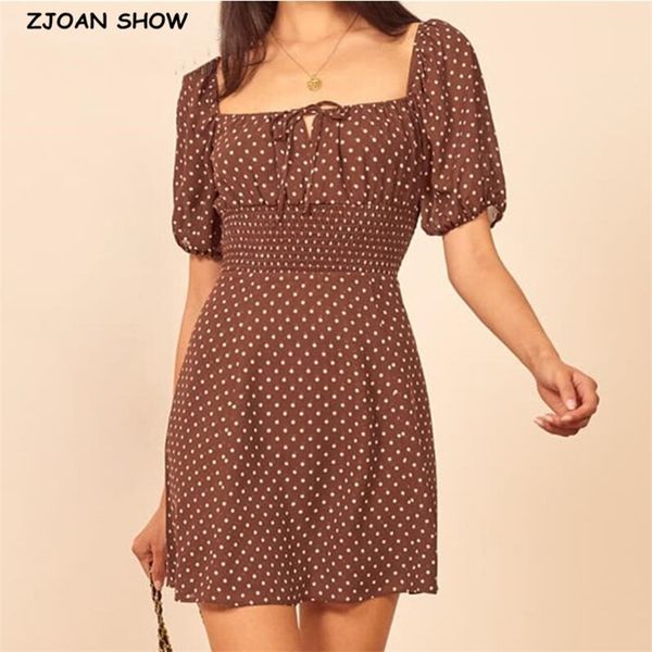 

vintage french style adjust collar dot print elastic waist dress short puff sleeve mini beach women holiday 210429, White