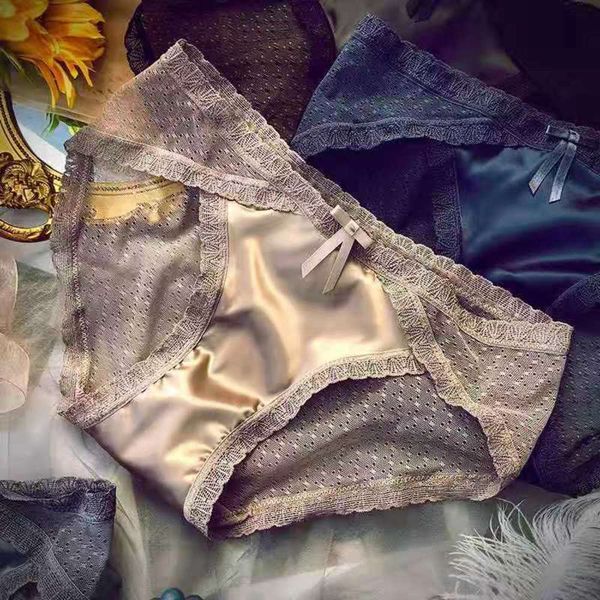 

lace underpants feminine mid low waist comfortable ultra thin mesh satin triangle pants breathable cotton crotch, Black;pink