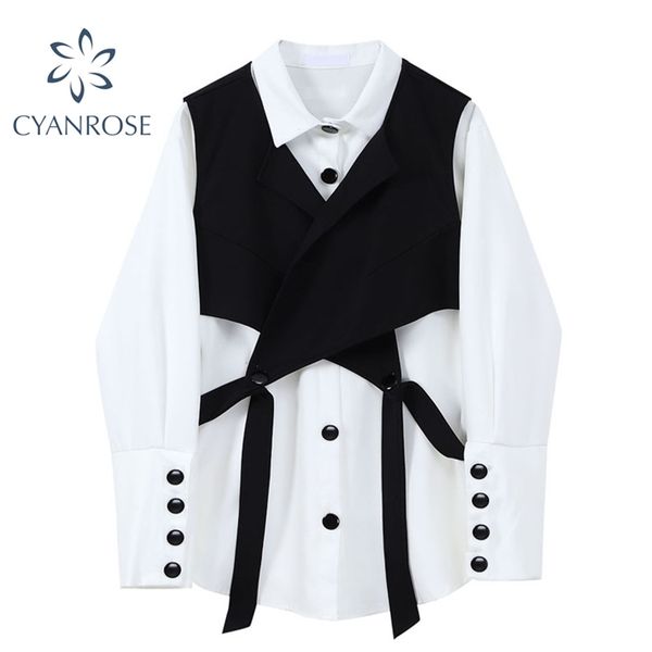 

blouses and vest 2pcs women single breasted cardigan buttons white lapel shirts+black bandage crop waistcoat rok outfits female 210430