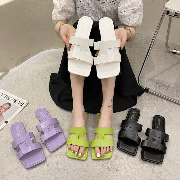 

slippers square heel solid color pu rubber flat woven upper with toe casual outside wear summer style shoes, Black