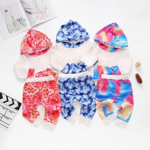 

clothing sets infant baby girl clothes rainbow color tie-dye blouse pants children's suit long-sleeved hooded for boys, White