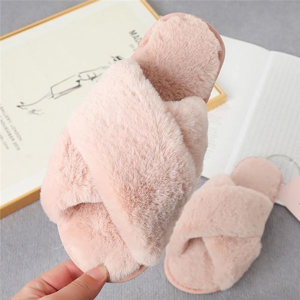 

slippers women fashion warm fluffy cozy faux fur cross indoor floor slides flat soft furry ladies female celebrities flip flops, Black