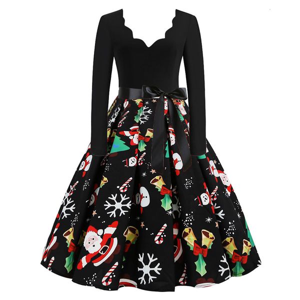 

casual dresses vintage christmas women black big swing print winter long sleeve v neck year party plus size female ex4p, Black;gray