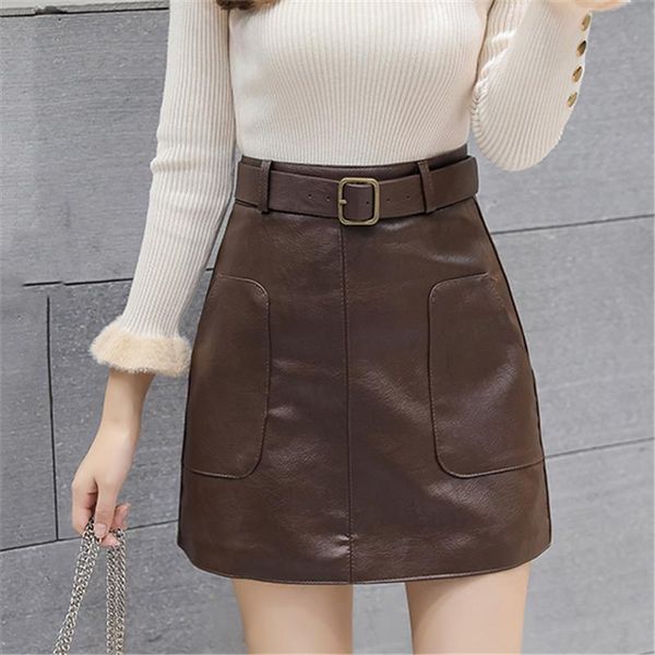 

skirts solid sashes pockets pu skirt harajuku leather females a-line elegant ladies high waist package hip mini, Black