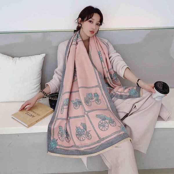 

70% off design scarf 2021 imitation cashmere autumn winter warm women's korean version medium long shawl carriage chain thickened bib, Blue;gray