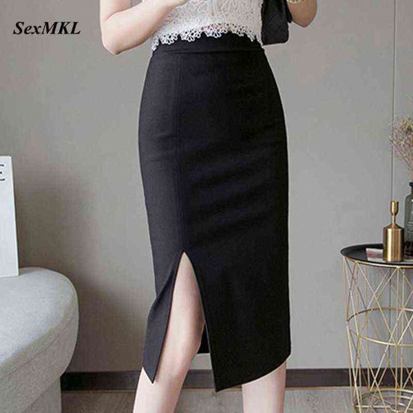 Faldas Mujer Moda 2021 Женщины высокая талия карандаш юбка черное колено длина сексуальные офисные дамы корейские бодиконки красные юбки плюс размер G220309