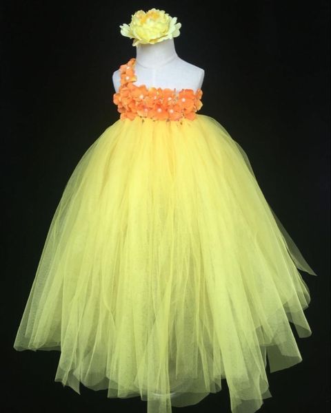 

girl's dresses girls yellow crochet tutu dress baby fluffy tulle single shoulder ball gown with flower headband kids costume party, Red;yellow