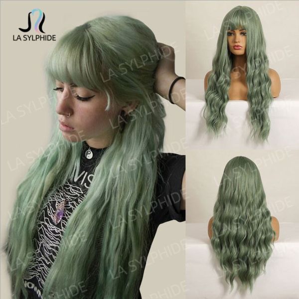 

synthetic wigs green long curly brand air bangs, Black