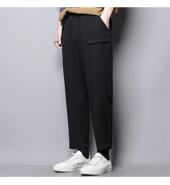 

men's pants summer pure color personality button pocket design stitching straight leg fashion casual, Black